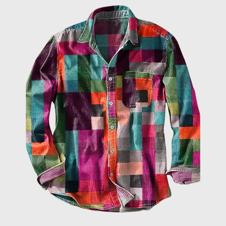 Close-up of a men's comfortable long sleeve retro rainbow print vintage shirt with unique colorful pattern.
