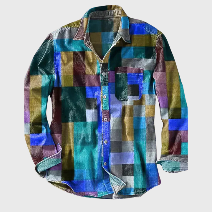 Stylish man wearing a vibrant retro rainbow print long sleeve vintage shirt, ideal for casual and statement outfits.