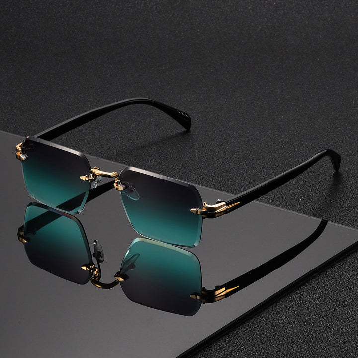 Men's rimless square glasses with a sleek gold frame, embodying modern elegance and minimalist style.