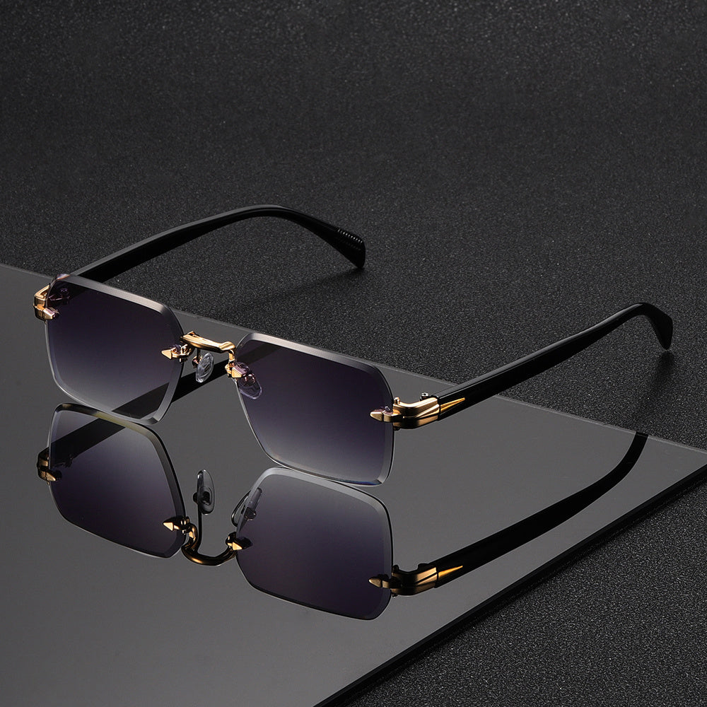 Minimalist men's rimless square glasses, offering a comfort fit and sleek design with a gold frame for modern style.
