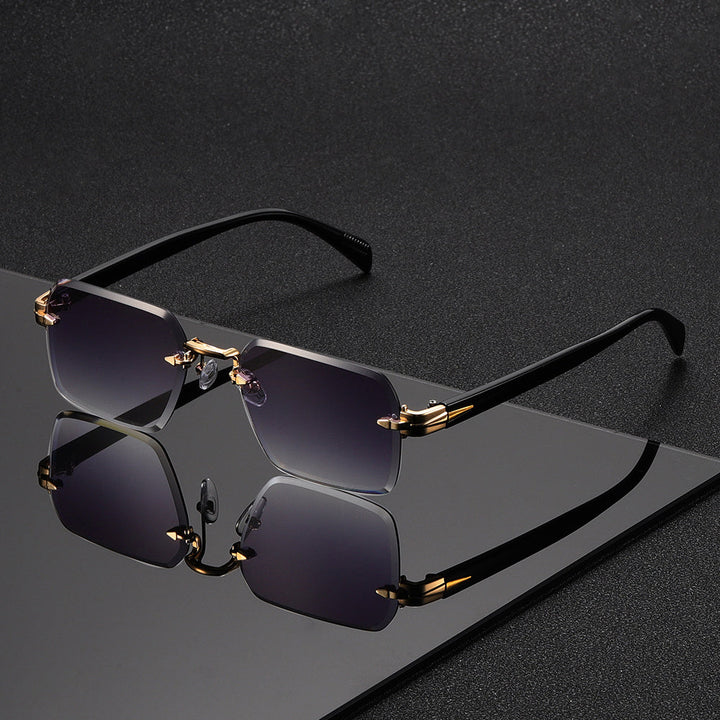 Minimalist men's rimless square glasses, offering a comfort fit and sleek design with a gold frame for modern style.