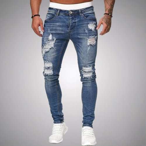 Versatile men's ripped slim fit pants, ideal for urban fashion and everyday stylish distressed look.