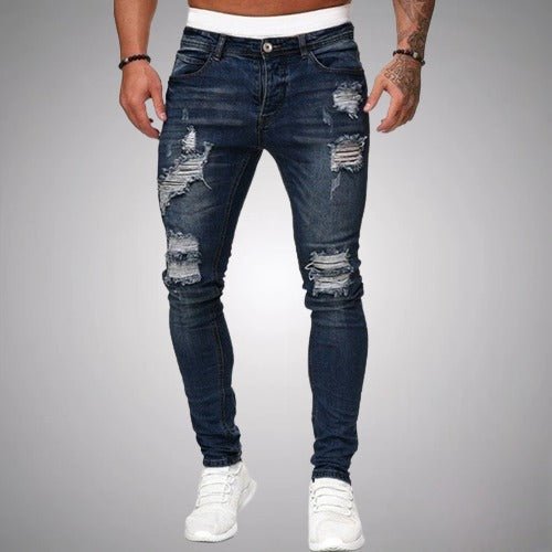 Modern men's stretch ripped pants, featuring a comfortable slim fit design for a stylish distressed aesthetic.