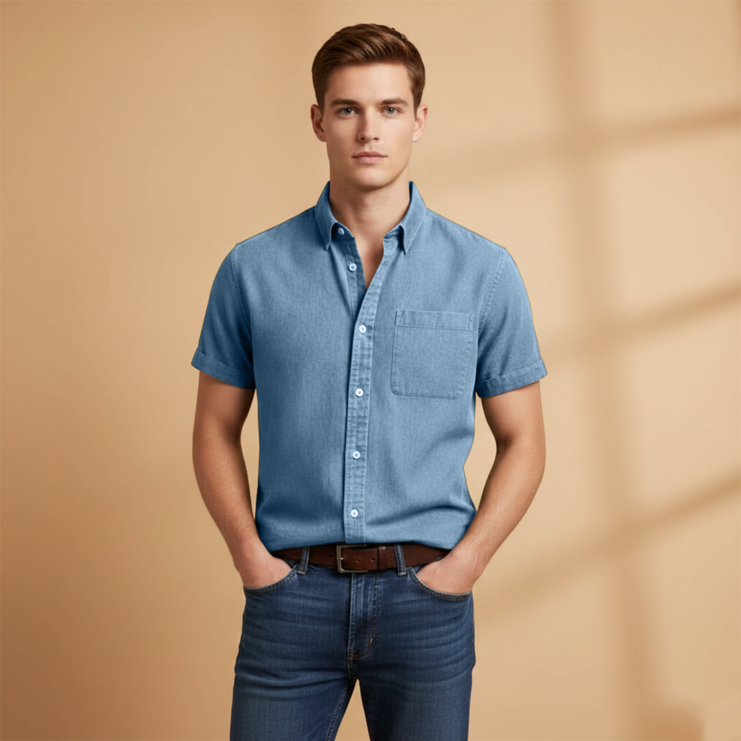 Simple men's short sleeve button-down shirt, casual, with chest pocket, for spring & summer.