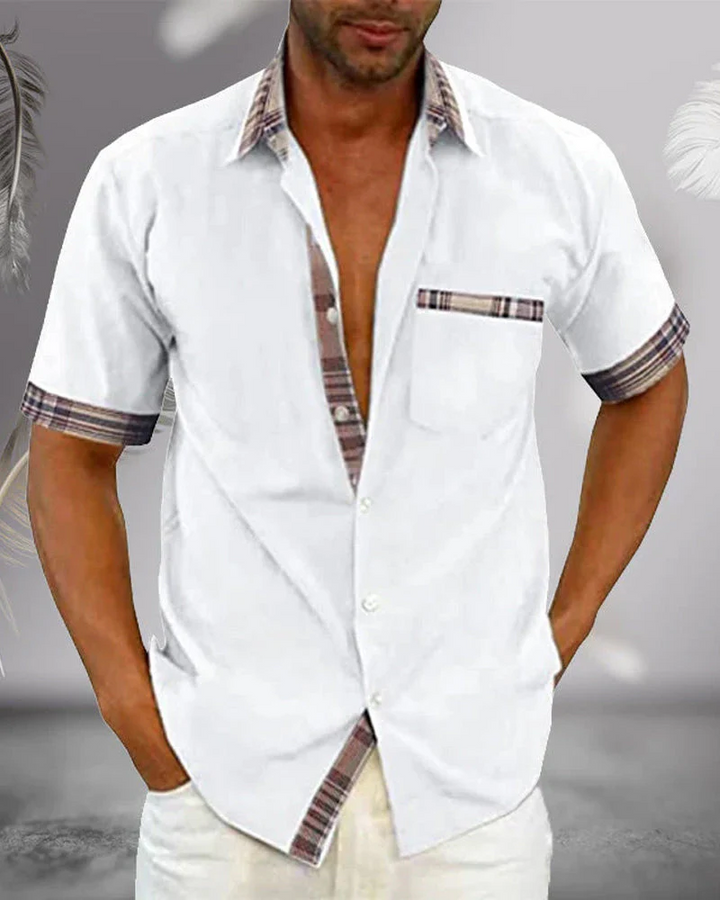 Sleek men's short sleeve shirt, featuring a stand collar for a modern casual style.