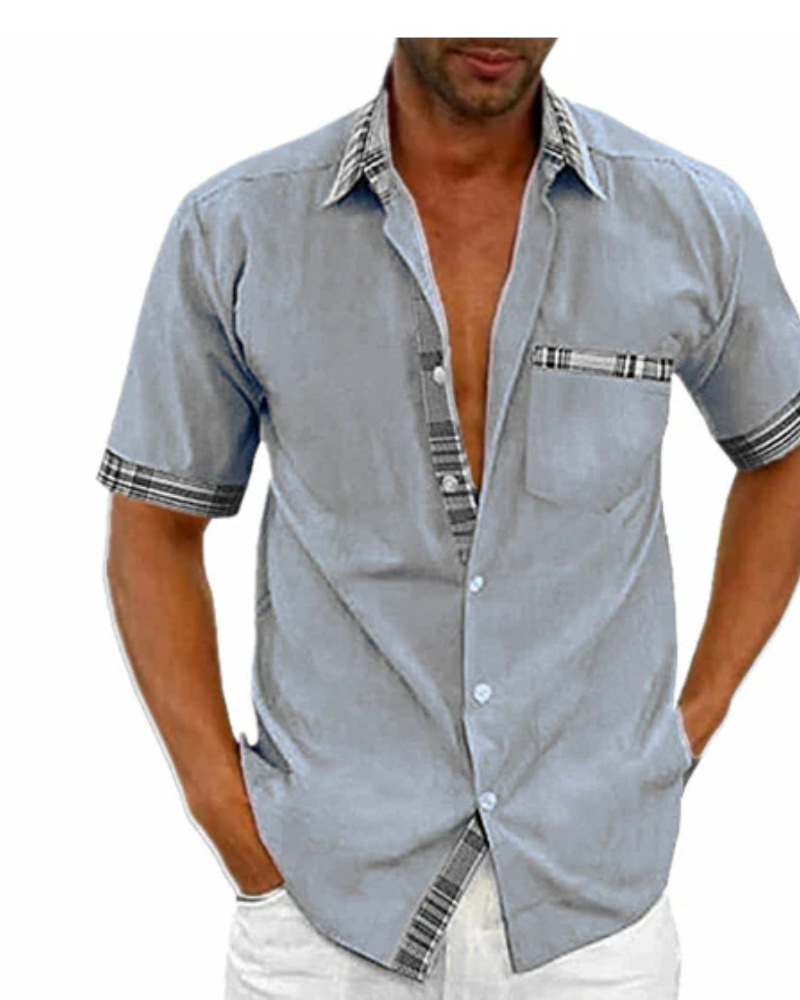 Men's short sleeve shirt, showcasing a stylish stand collar for everyday modern wear.