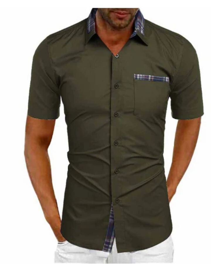 Relaxed fit men's short sleeve stand collar shirt, perfect for casual comfort & style.