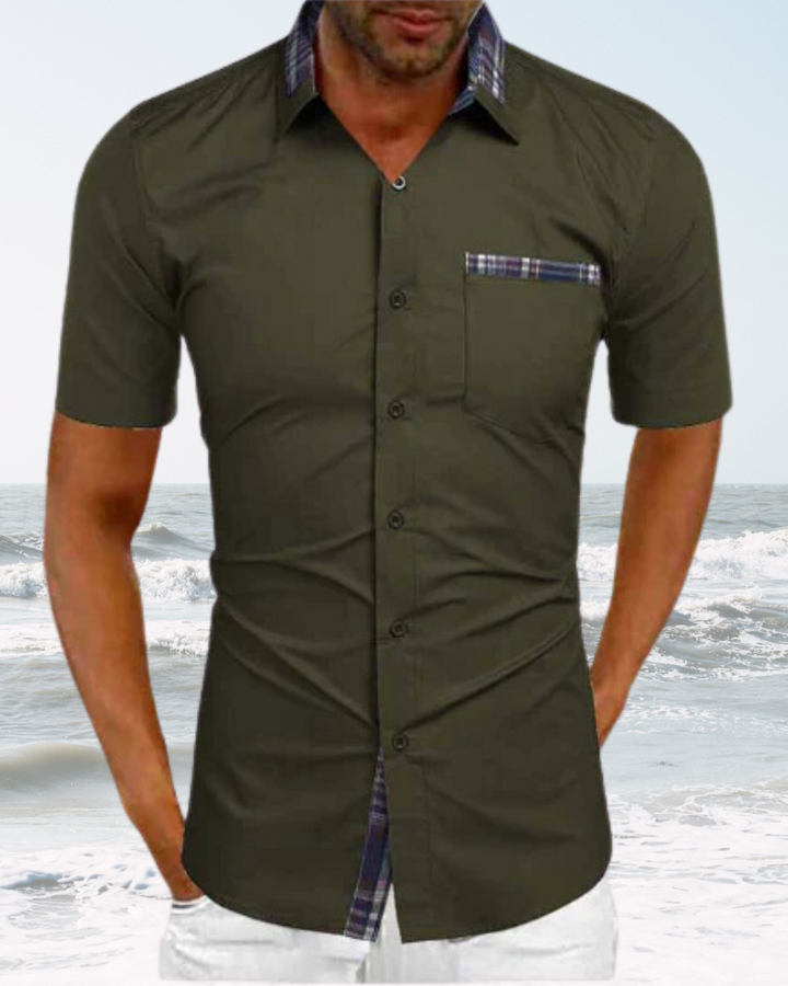 Modern men's short sleeve stand collar shirt, blending casual style & comfort.