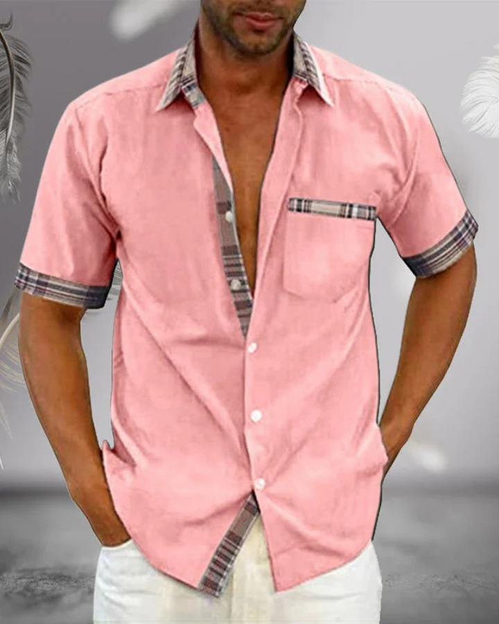 Everyday wear men's short sleeve shirt with a smart stand collar, versatile & casual.