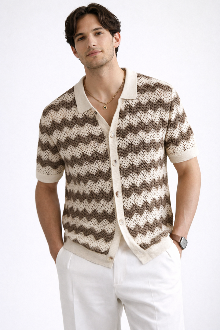 Men's short sleeve zigzag crochet knit polo shirt. Stylish textured top for summer casual wear.