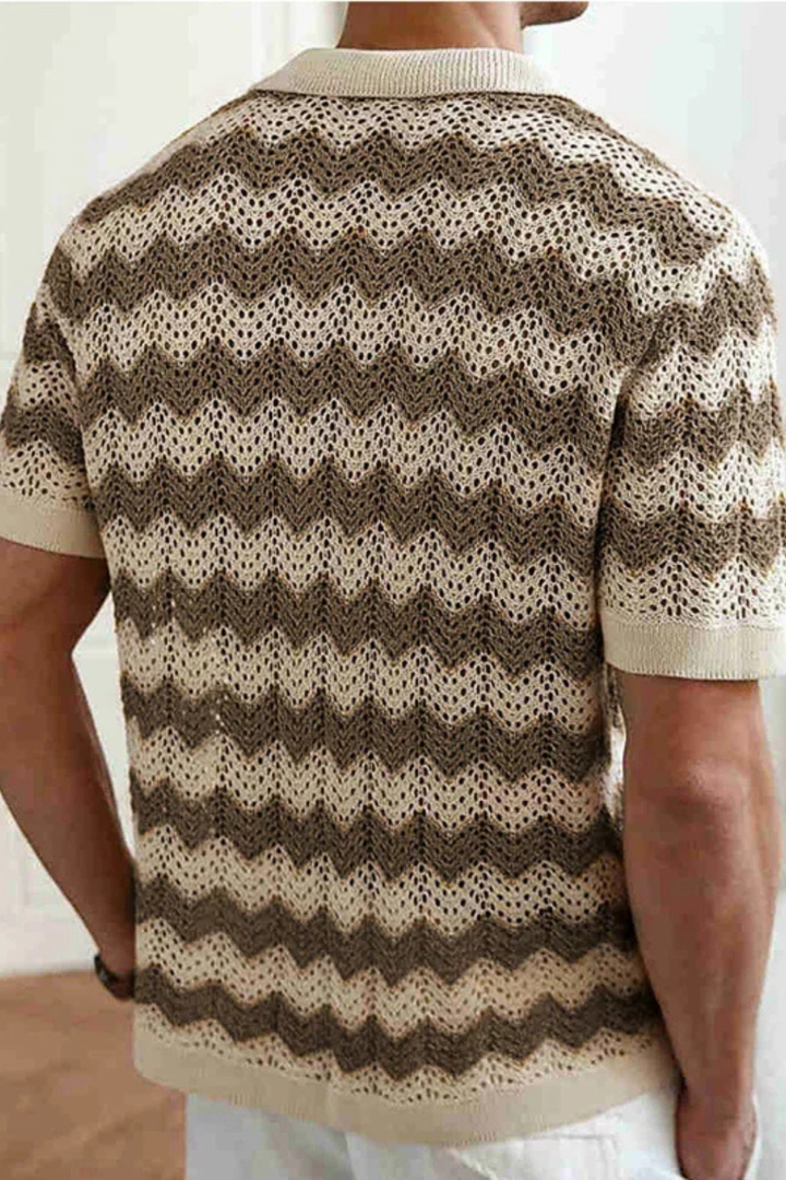 Stylish men's zigzag crochet knit polo shirt with short sleeves, perfect for resort or summer fashion.