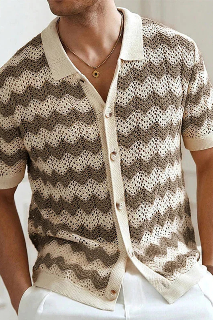 Textured crochet knit men's polo shirt, short sleeve with unique zigzag pattern. Ideal for casual summer style.