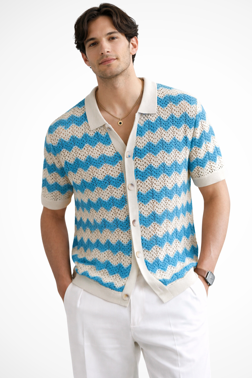 Unique design men's short sleeve polo shirt featuring zigzag crochet knit. Great for summer & resort wear.