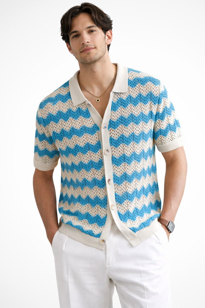 Unique design men's short sleeve polo shirt featuring zigzag crochet knit. Great for summer & resort wear.