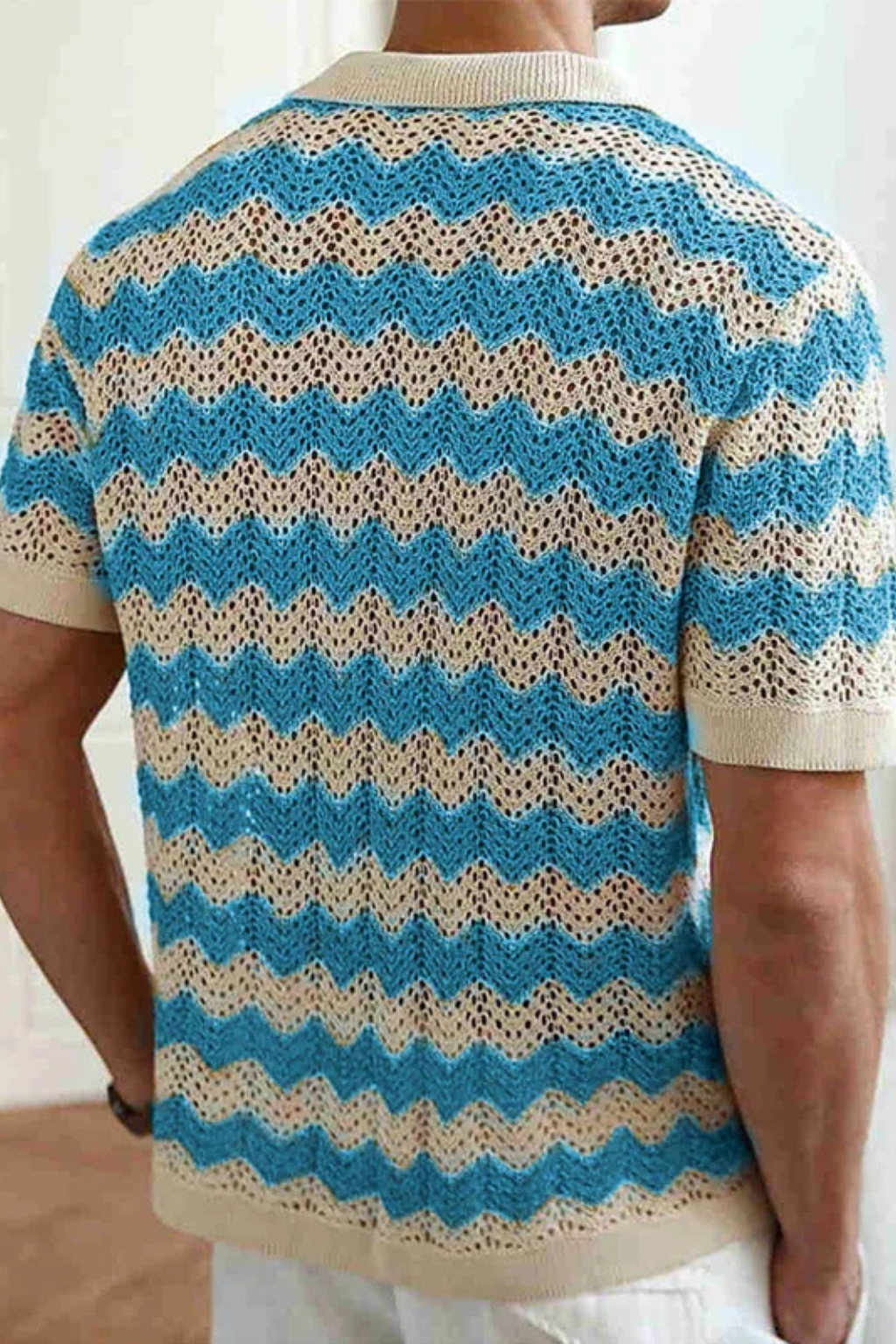 Men's fashion short sleeve polo shirt, button front, with a distinctive zigzag crochet knit texture.