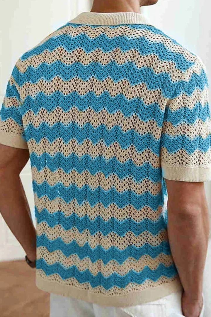 Men's fashion short sleeve polo shirt, button front, with a distinctive zigzag crochet knit texture.