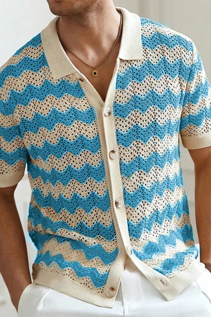 Casual men's short sleeve polo shirt. Features a modern zigzag crochet knit design, perfect for stylish summer.