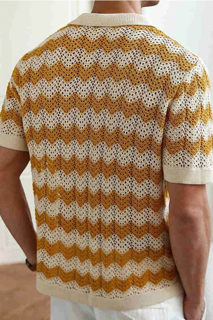 Versatile men's zigzag crochet knit polo shirt. Short sleeves, ideal for casual, summer, or resort fashion.