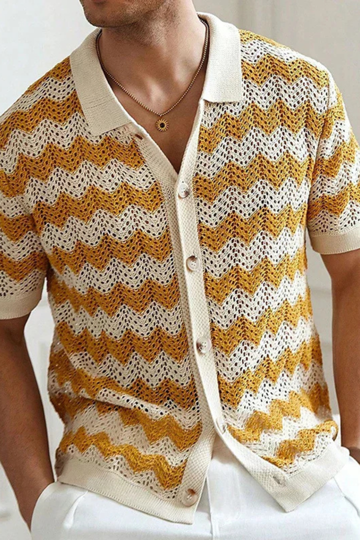 Modern men's short sleeve polo shirt with unique zigzag crochet knit. Perfect textured top for summer style.