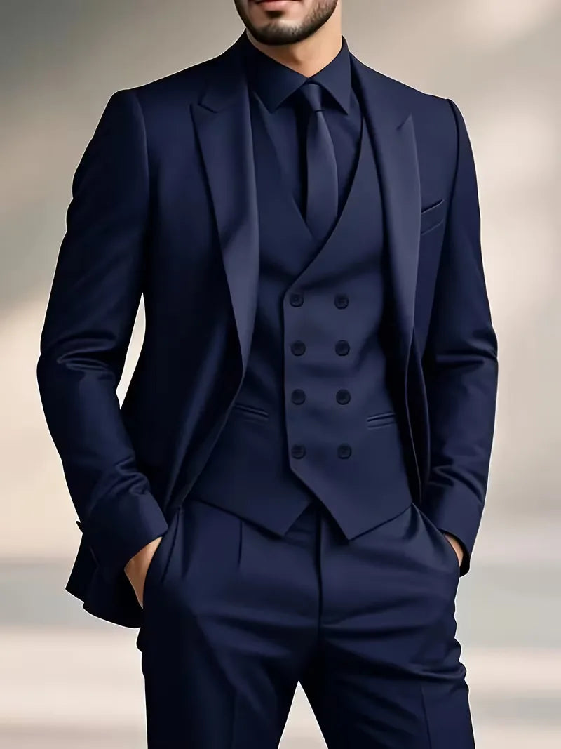 Men's slim fit double-breasted suit, 3-piece design featuring a waistcoat, for sophisticated style.