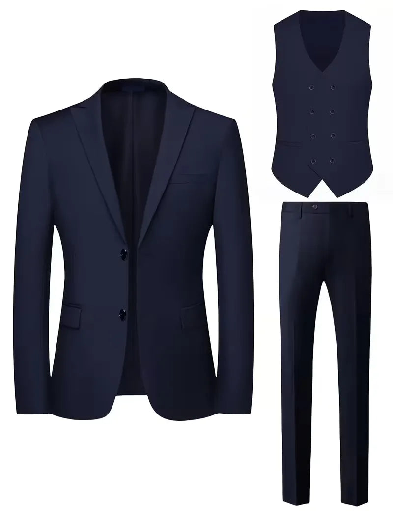 Details of a men's slim fit double-breasted suit. The 3-piece set includes a perfectly tailored waistcoat.