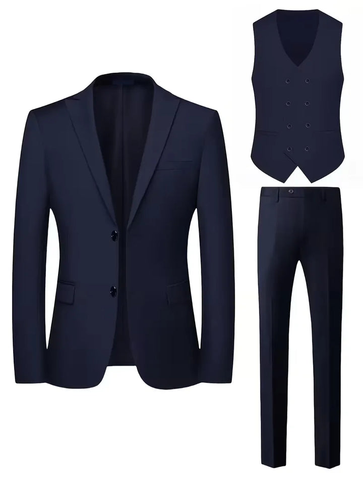 Details of a men's slim fit double-breasted suit. The 3-piece set includes a perfectly tailored waistcoat.