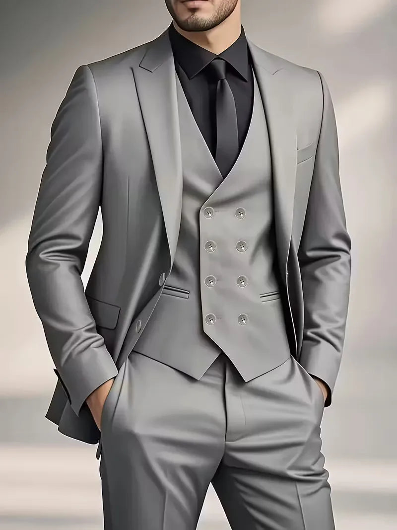 Men's slim fit double-breasted 3-piece suit, showcasing the waistcoat and jacket. Business-ready.