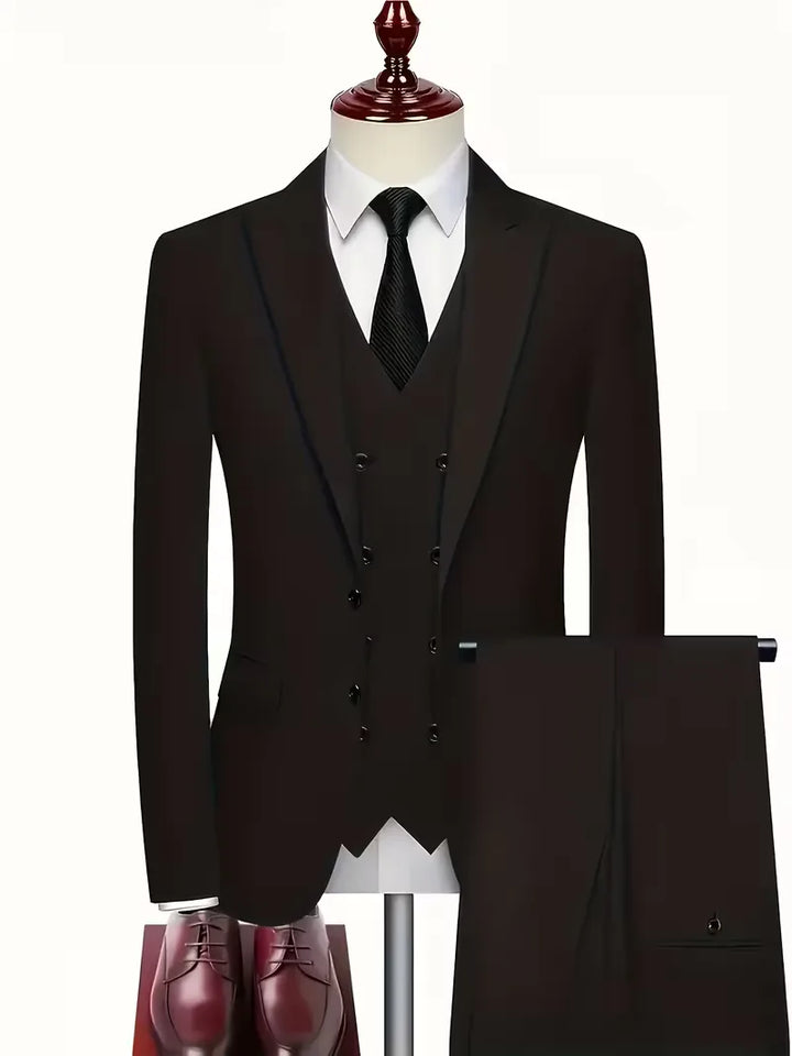 Elegant slim fit men's double-breasted suit. Complete 3-piece set with waistcoat for events.