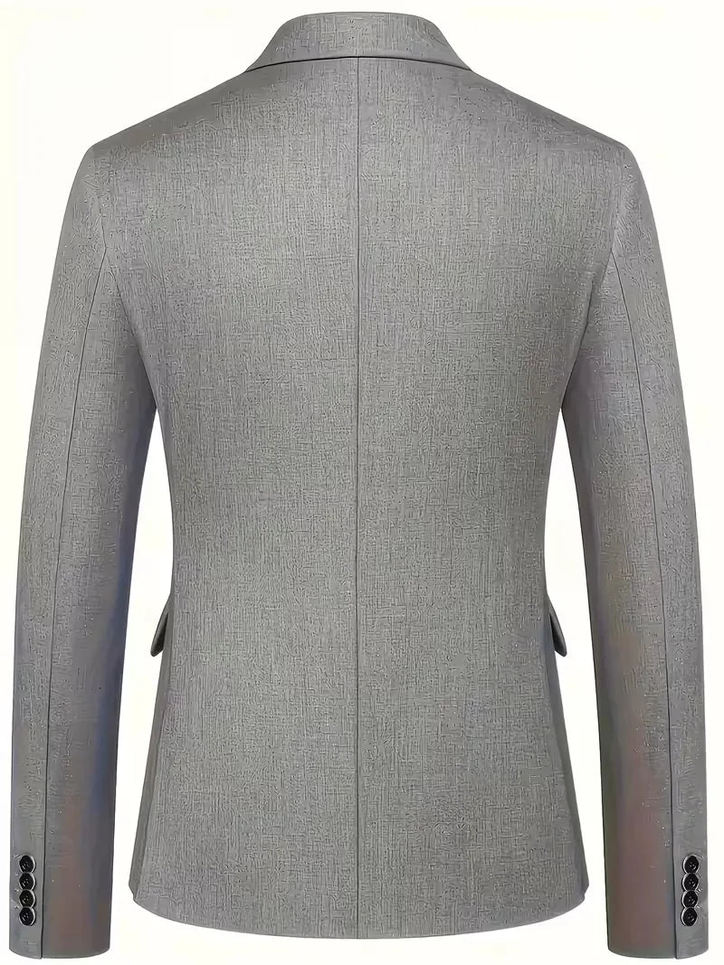 Professional men's attire: a slim fit double-breasted 3-piece suit with a complementary waistcoat.