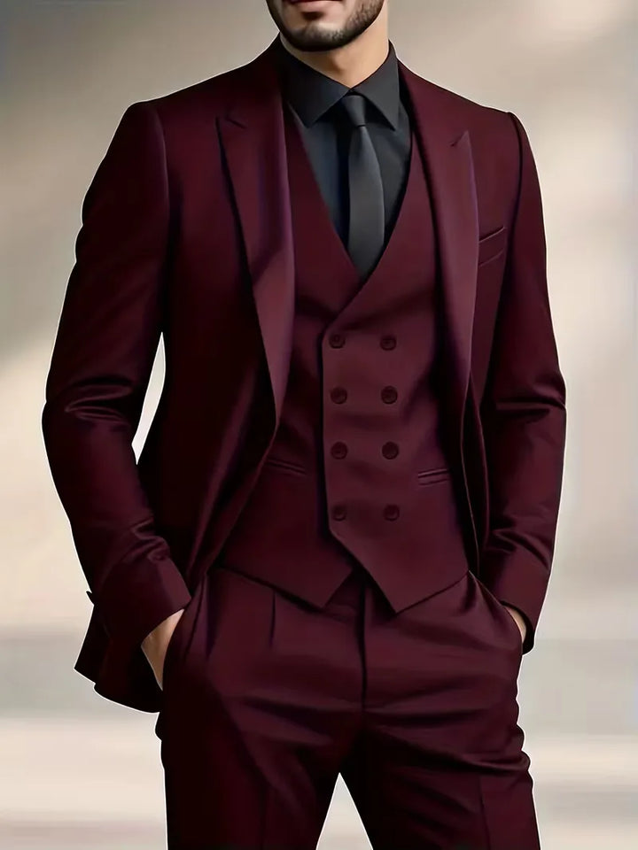 Dynamic pose of a man in a slim fit double-breasted 3-piece suit with an elegant waistcoat.