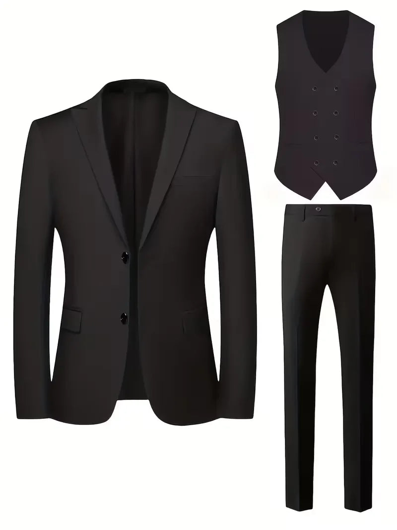 Stylish slim fit 3-piece men's suit, featuring a double-breasted jacket and matching waistcoat.