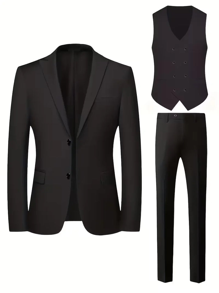 Stylish slim fit 3-piece men's suit, featuring a double-breasted jacket and matching waistcoat.