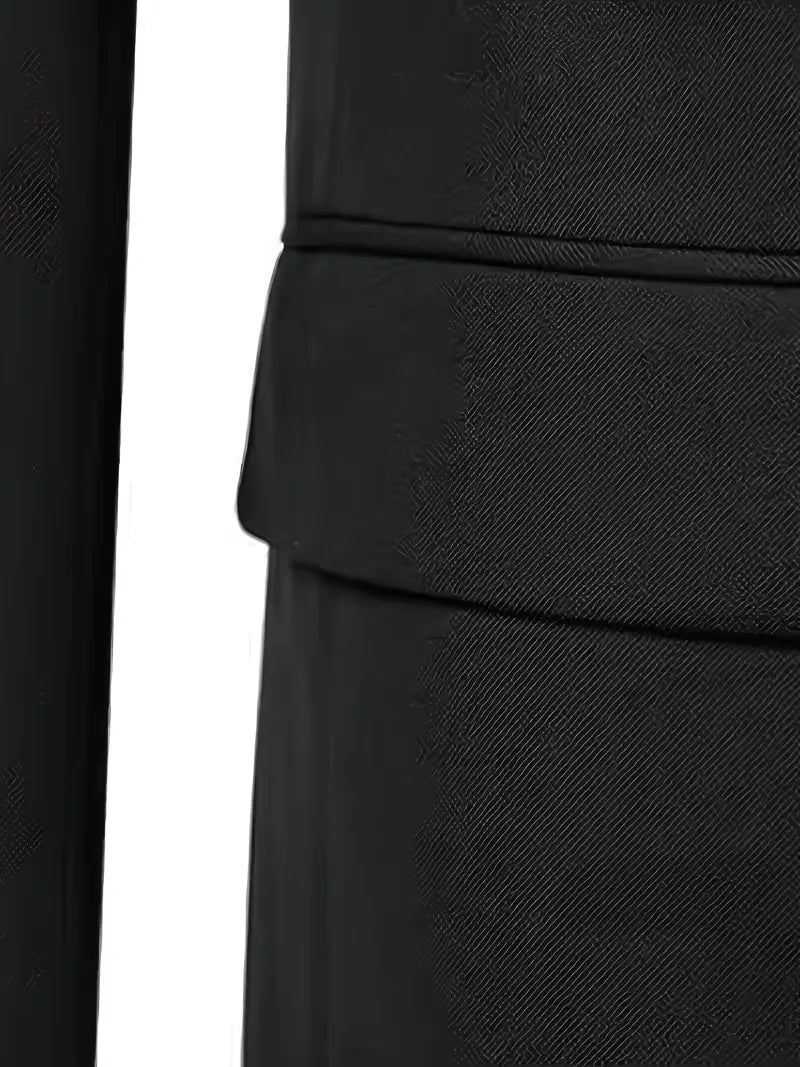 Full view of a sleek slim fit double-breasted 3-piece men's suit, complete with a waistcoat.