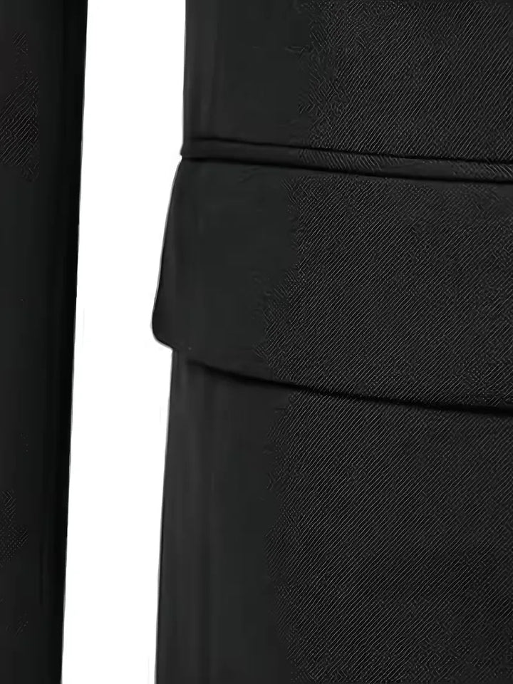 Full view of a sleek slim fit double-breasted 3-piece men's suit, complete with a waistcoat.