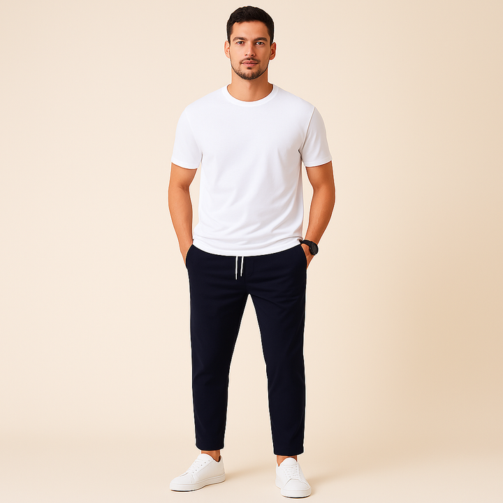 Men's slim fit drawstring pants in a neutral color, perfect for everyday casual wear & comfort.