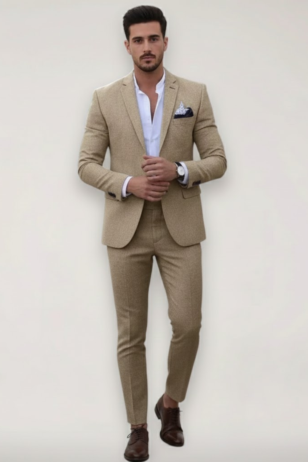 Men's slim fit khaki spring suit set, sharp and modern tailored formalwear for confident style.