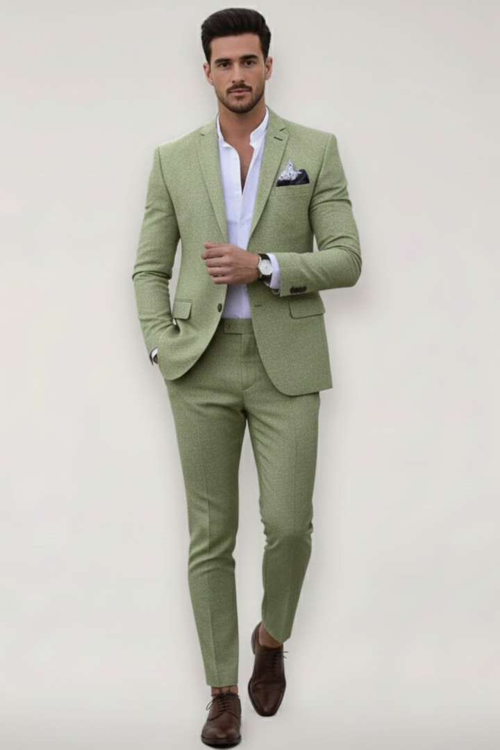 Stylish men's light green slim fit suit set. Perfect spring formalwear, business attire, or event wear.