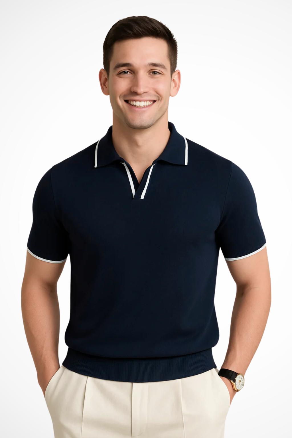 Men's slim fit knit polo shirt with contrast trim. Short sleeve V-neck, ideal for smart casual men's fashion.