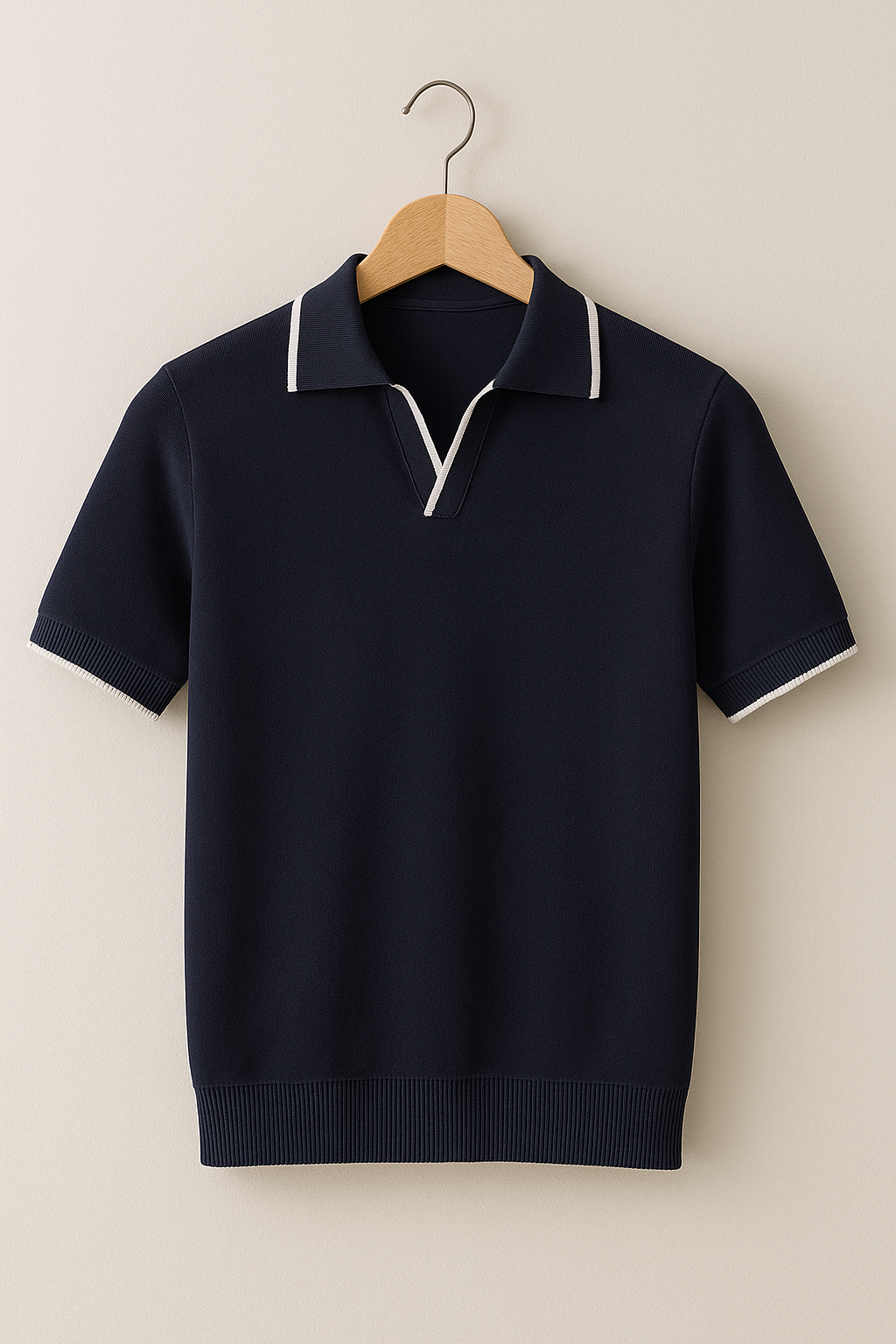 Modern men's slim fit knit polo. Stylish short sleeve V-neck with contrast trim. Perfect for casual wear.