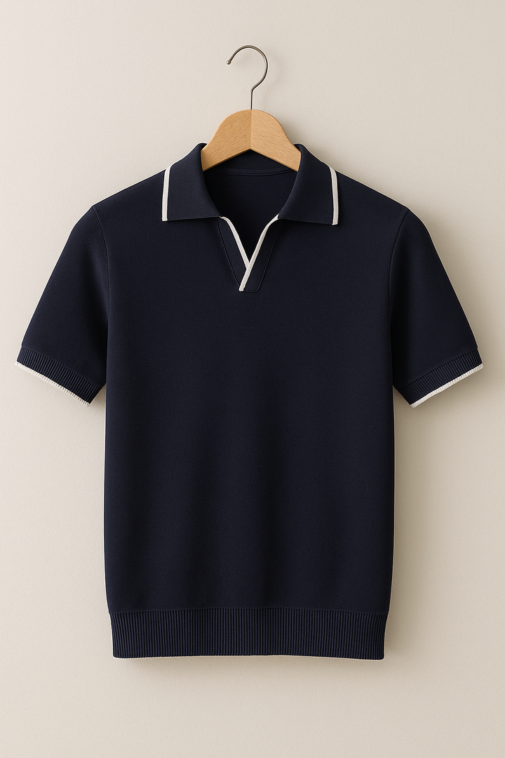 Modern men's slim fit knit polo. Stylish short sleeve V-neck with contrast trim. Perfect for casual wear.