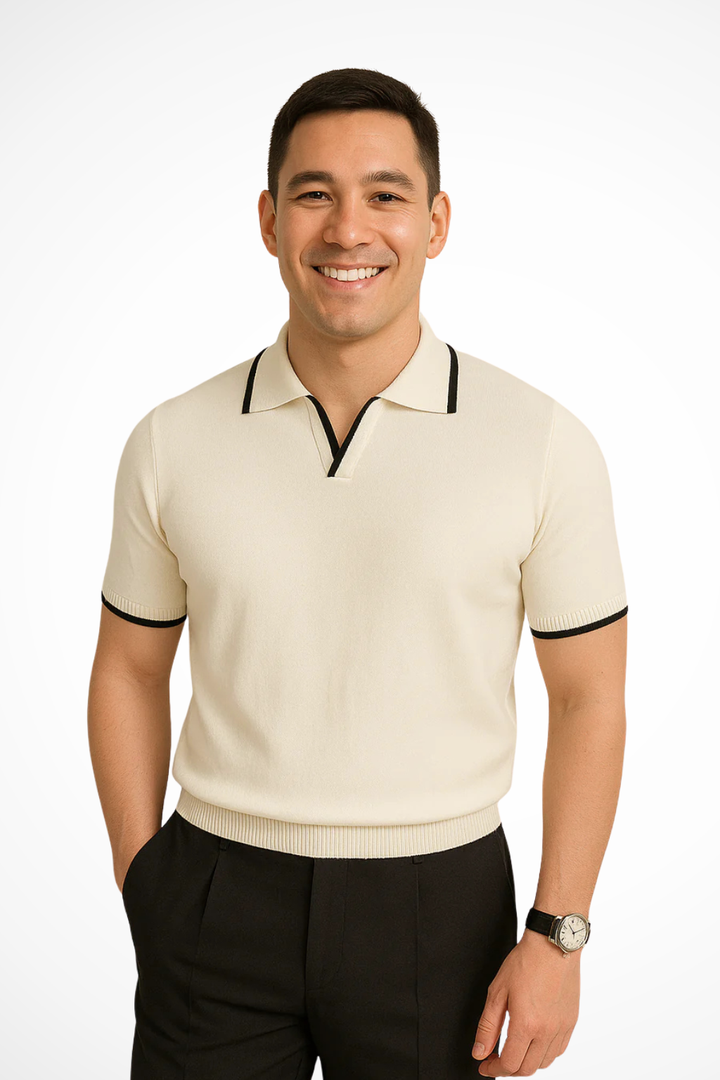 Knit men's polo, slim fit & comfortable. Features sleek contrast trim short sleeves, perfect for modern style.