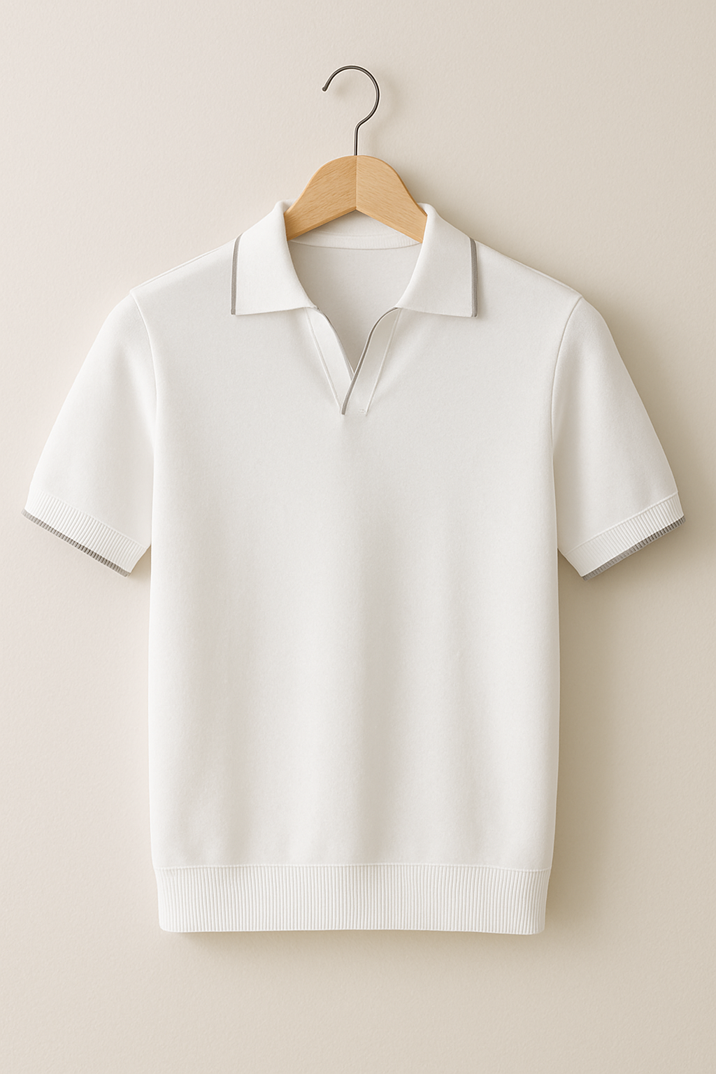 Smart casual men's knit polo shirt. Slim fit V-neck with contrast trim. A modern short sleeve for men's fashion.