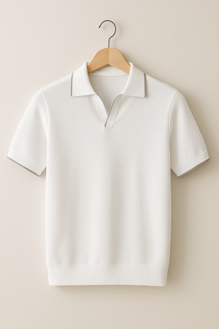 Smart casual men's knit polo shirt. Slim fit V-neck with contrast trim. A modern short sleeve for men's fashion.