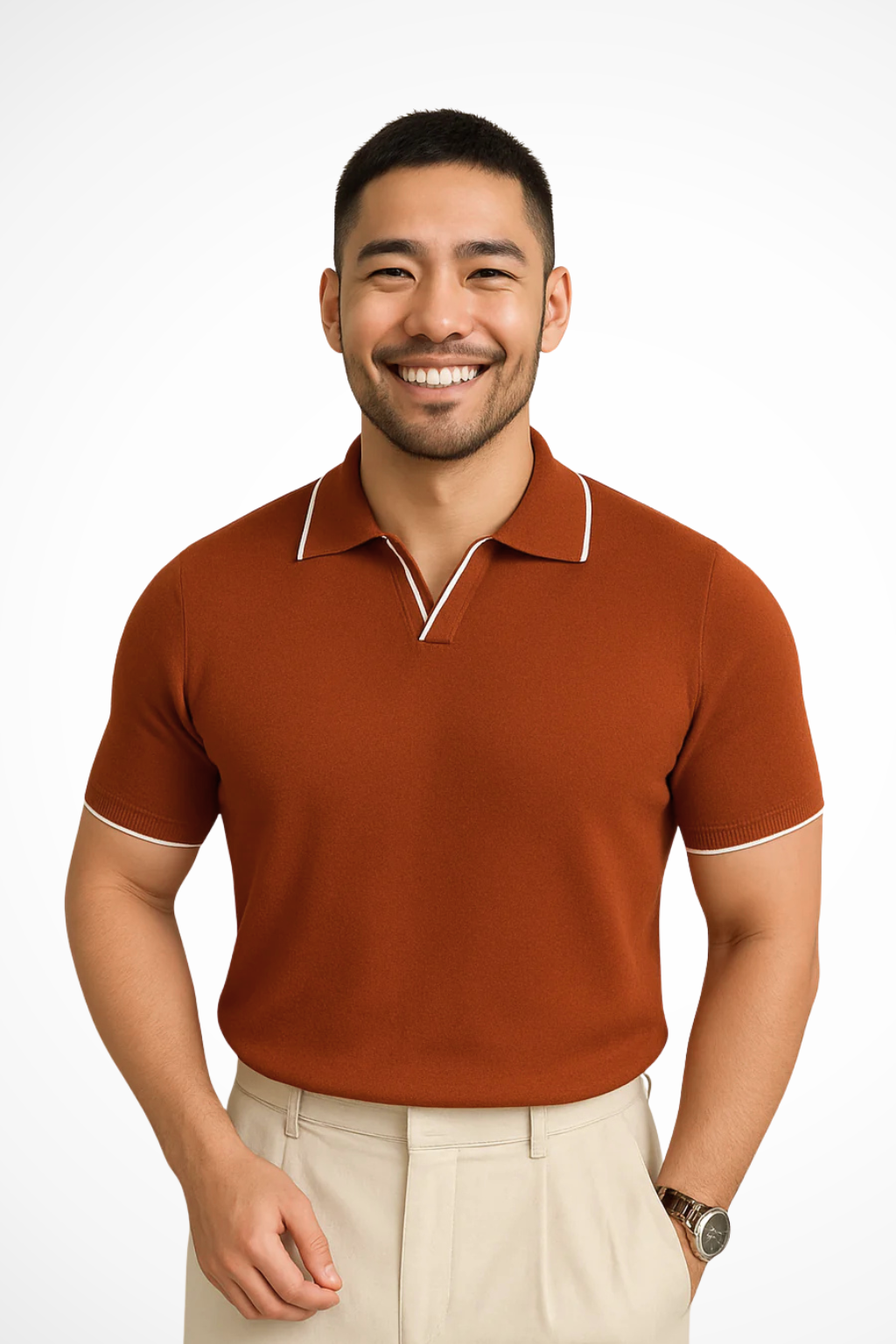 Men's short sleeve knit polo, slim fit design with stylish contrast trim. Versatile V-neck for smart casual looks.