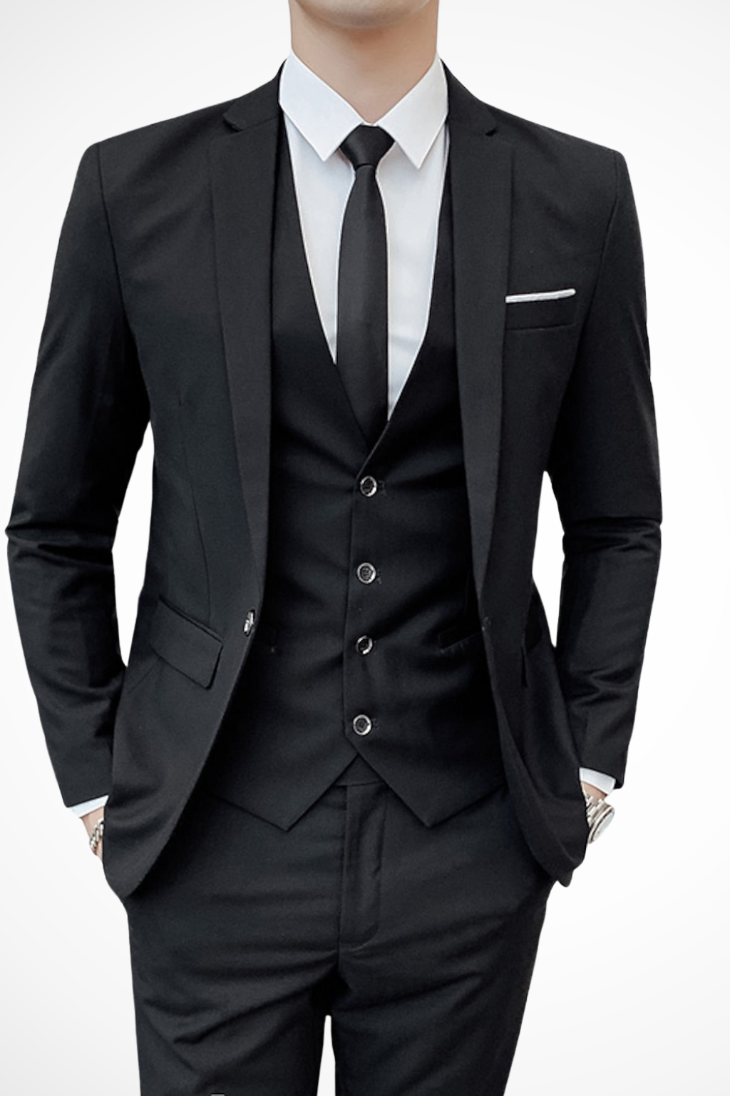 Professional men's slim fit 3 piece suit. Notch lapel wedding attire, perfect for business meetings or formal occasions.