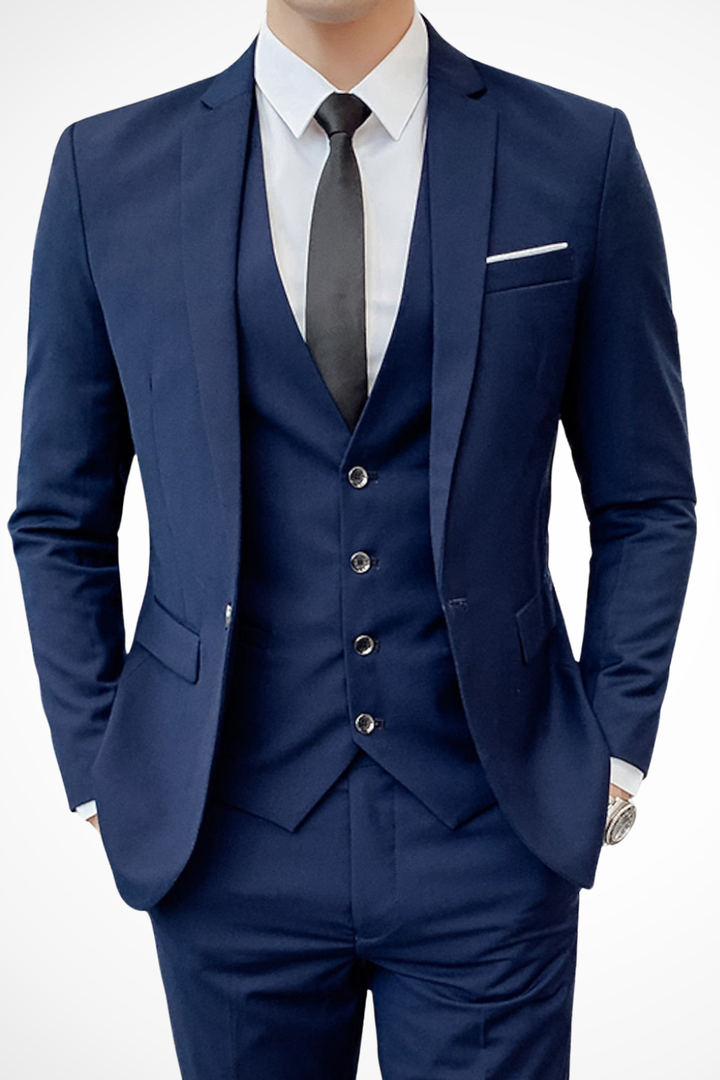 Elegant men's 3 piece formal suit with notch lapel. Slim fit jacket, vest & trousers for business or events.