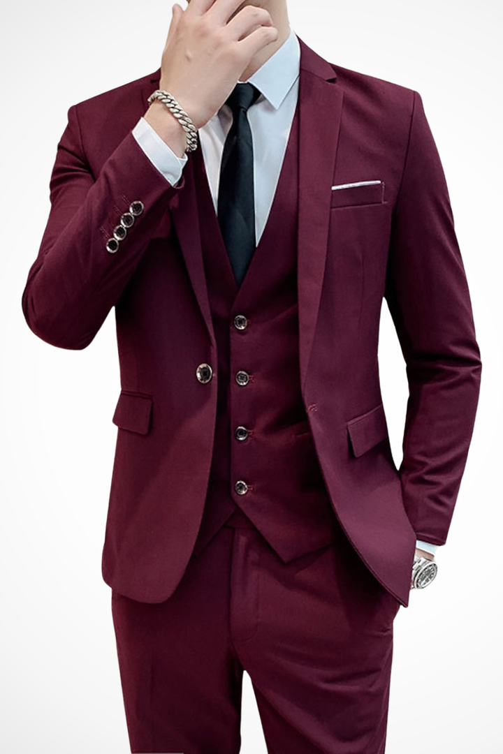 Professional men's slim fit business suit, 3 piece. Designer notch lapel style for corporate or formal menswear.
