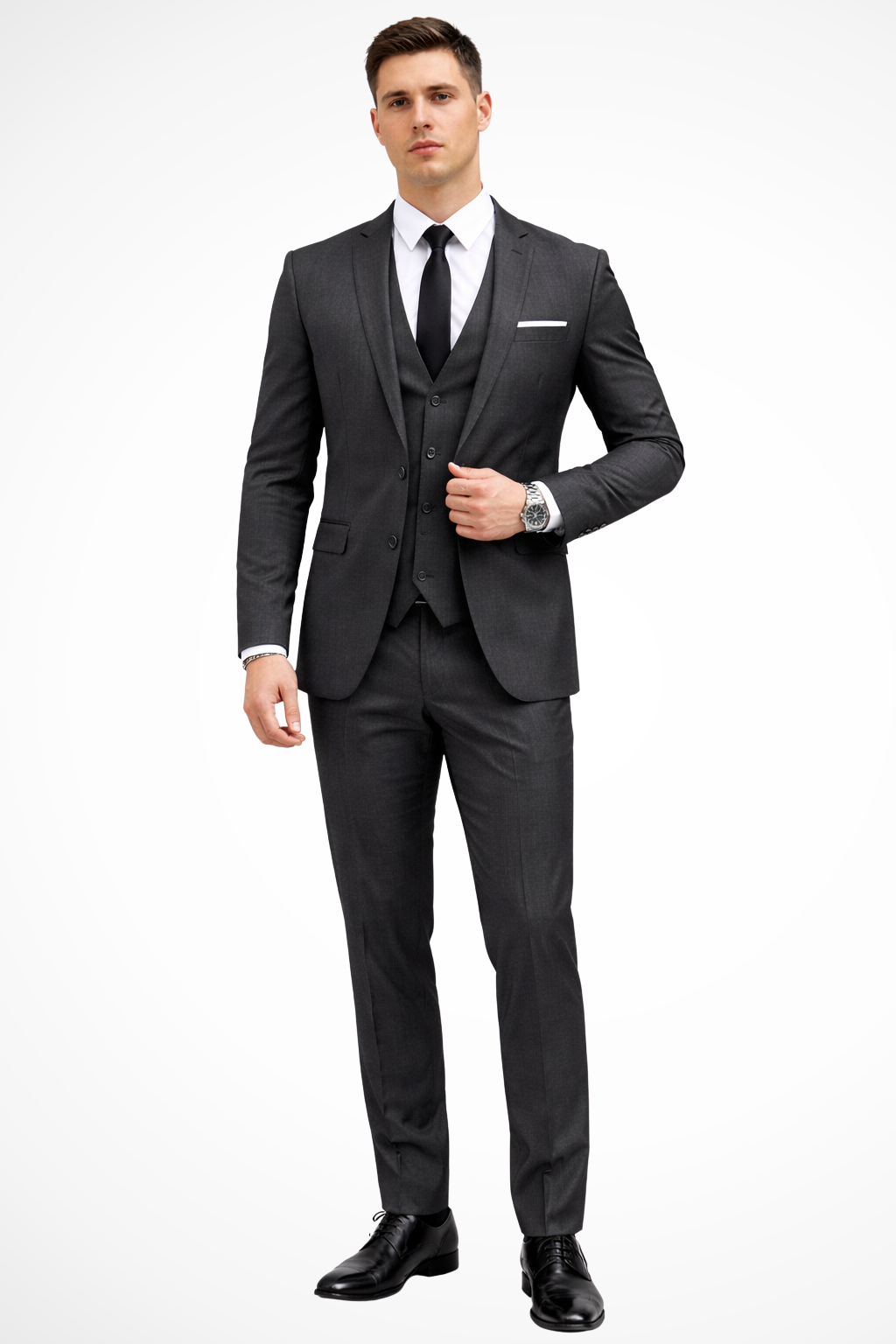 Slim fit men's 3 piece suit: jacket, vest, & trousers. Notch lapel design for wedding, business, or formal wear.