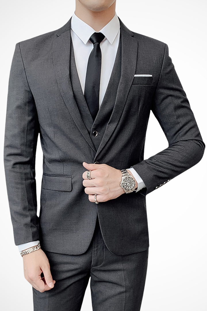 Versatile men's slim fit 3 piece suit, notch lapel. Perfect formal wear for weddings, proms, or special events.