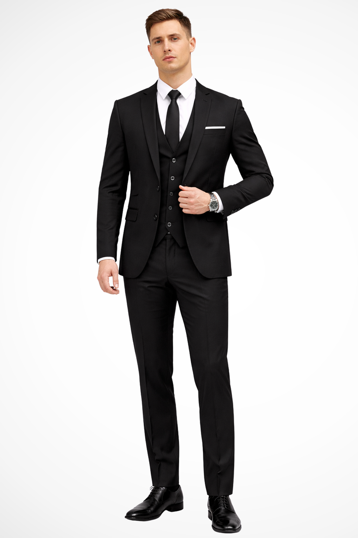 Sharp men's slim fit suit with elegant notch lapel. This 3 piece set includes jacket, vest, and trousers for formal wear.